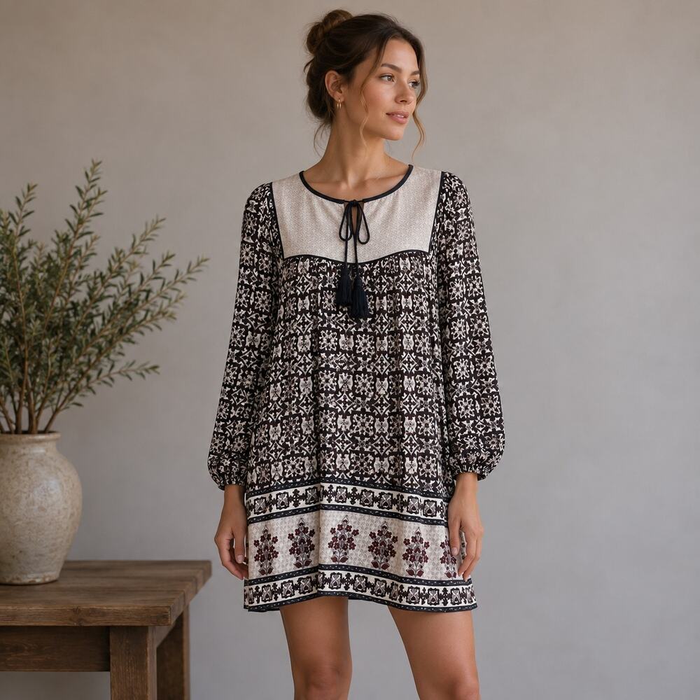 Anmol NWT Maroon Navy Paisley Tunic Peasant Mini Dress 8